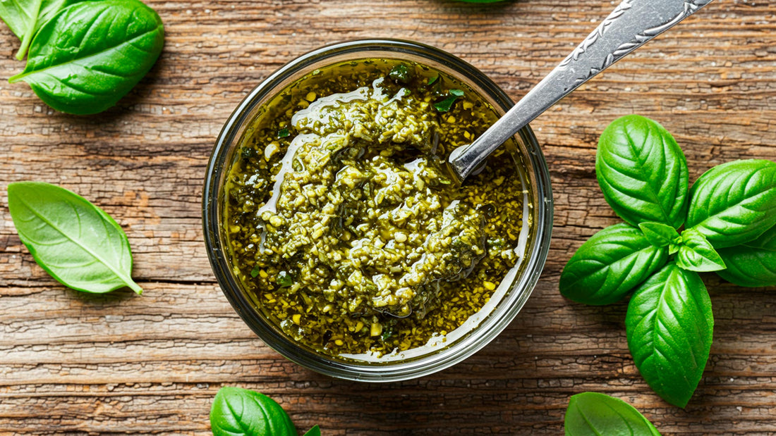 Bote de salsa pesto hecha con albahaca fresca